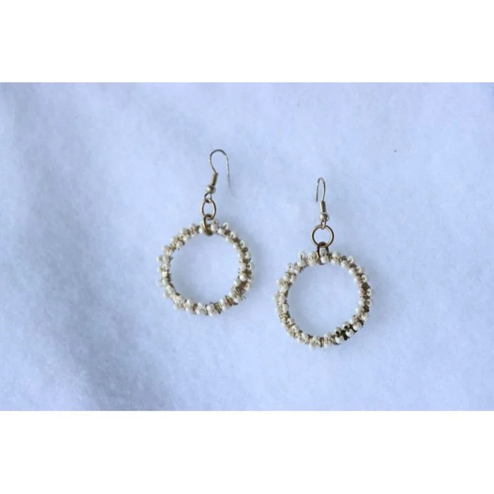 White pearl style beads on wire wrapped earrings 1